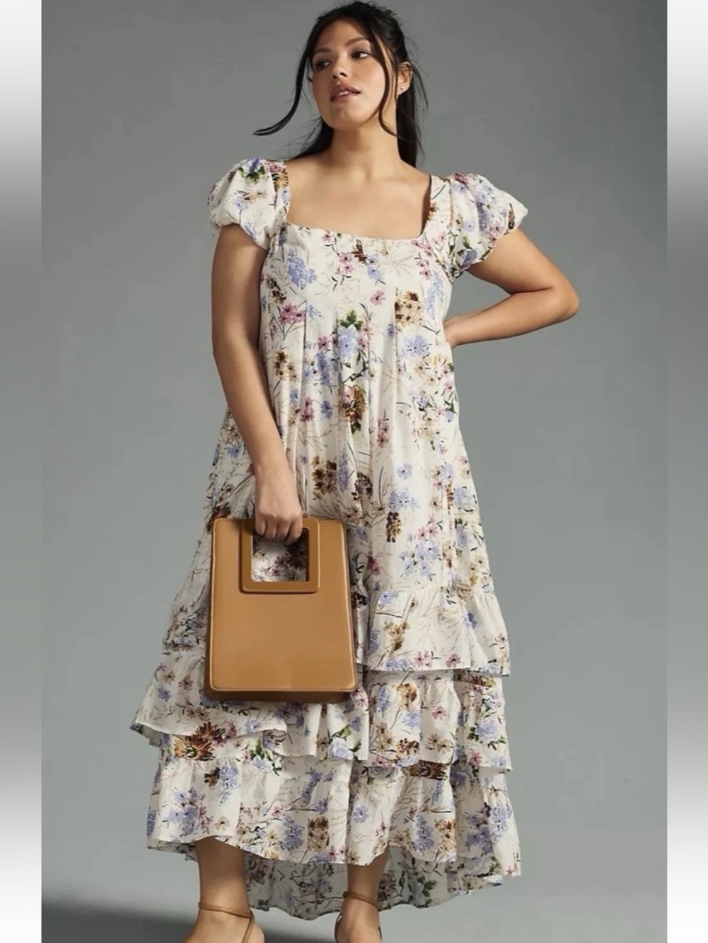 Anthropologie Tiered Cap Sleeve Floral Midi Dress Size Large L